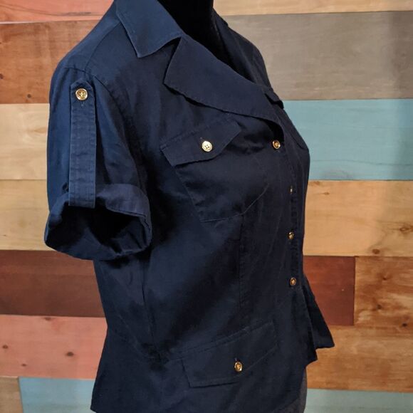 💜5/$25 SMALL 100% cotton button down blouse Jones New York navy blue - Picture 2 of 5
